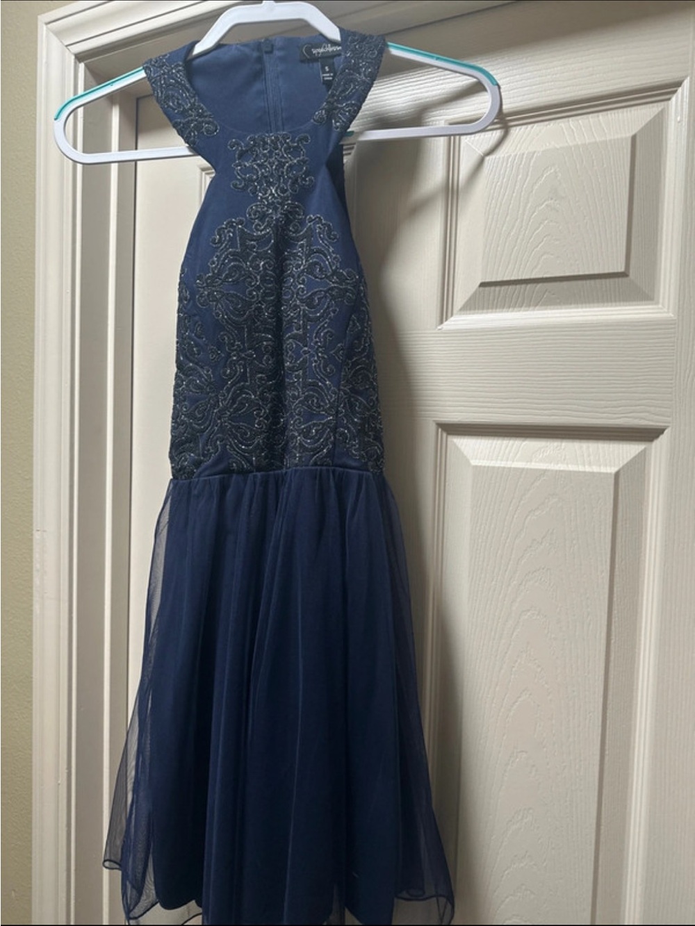 Navy Embellished Halter Tulle Dress